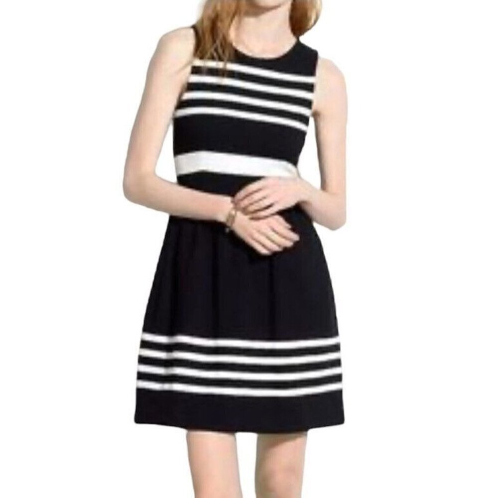 J. Crew Daybreak Black White Striped Sleeveless A-Line Round Neck Dress Large
